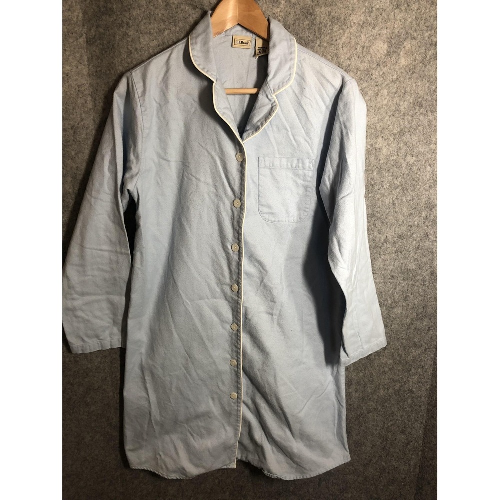 L.L.Bean Sleepshirt Womens XS Blue Flannel 3/4 Sleeve Button Front Piped Collar
